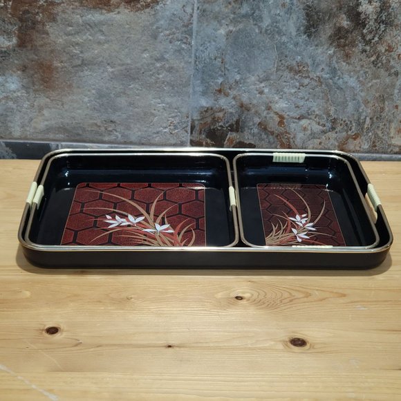 VTG Lacquer Beverage Serving Tray Barware Rectangular Square Black Enamel Floral - Picture 13 of 13